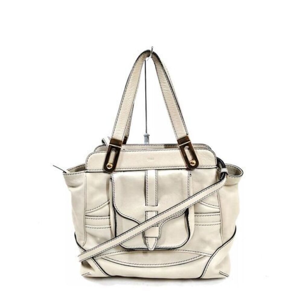 Chloé Women's Off-White Leather Tote Bag with Front Pocket. Crossbody with COA